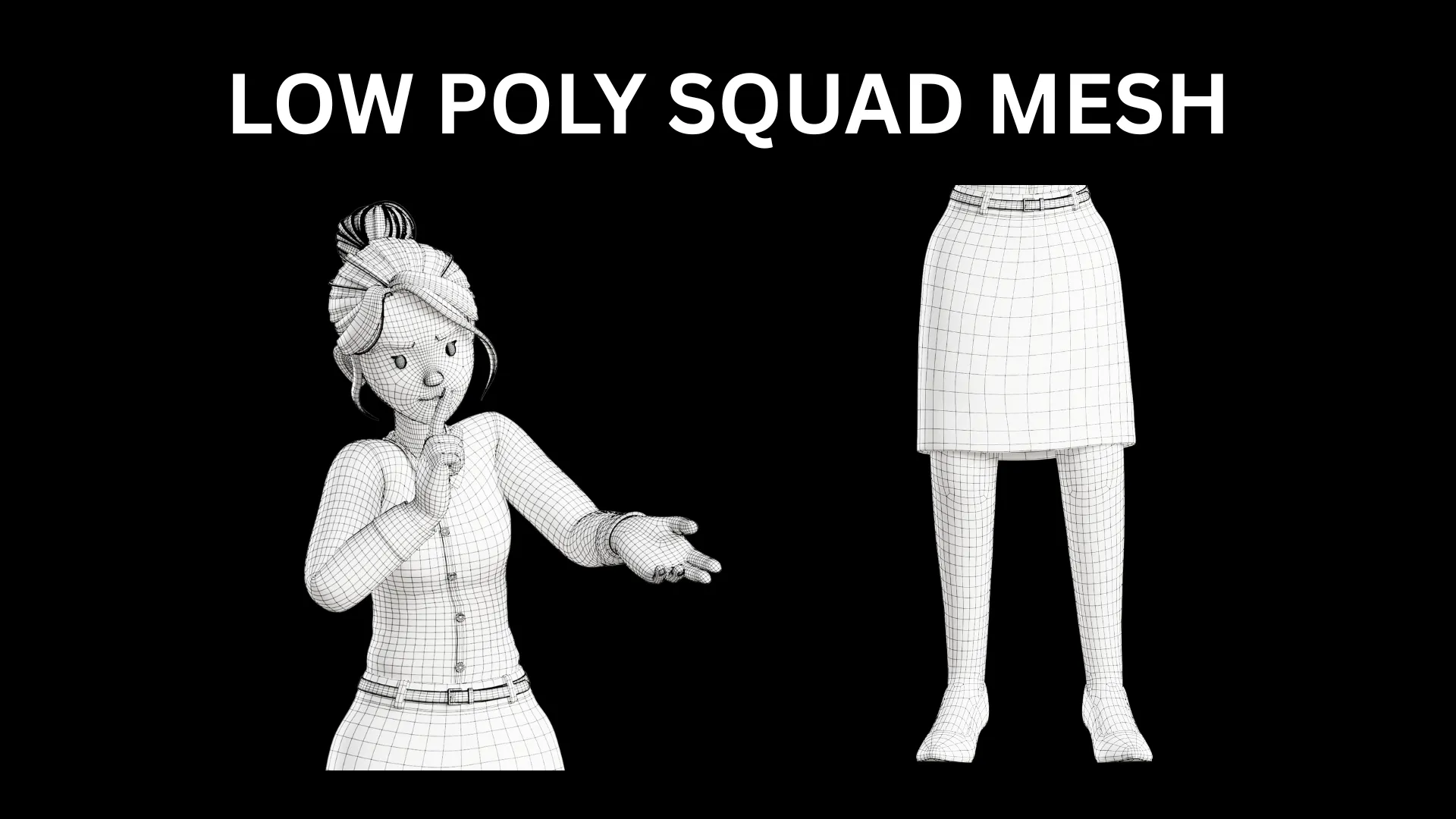 Low-poly quad topology 3D Business Office Cartoon Woman character wireframe